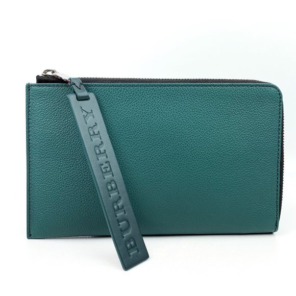 Green Pebbled Leather Zip Pouch Bag Clutch - Picture 1 of 10